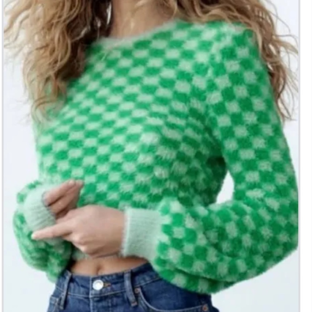Zara Green Checkered Fuzzy Sweatee